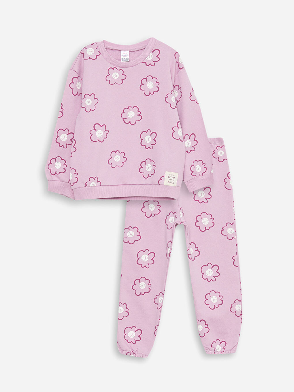 Lila Bisiklet Yaka Uzun Kollu Baskılı Pamuklu Kız Bebek Sweatshirt ve Pantolon 2'li Takım