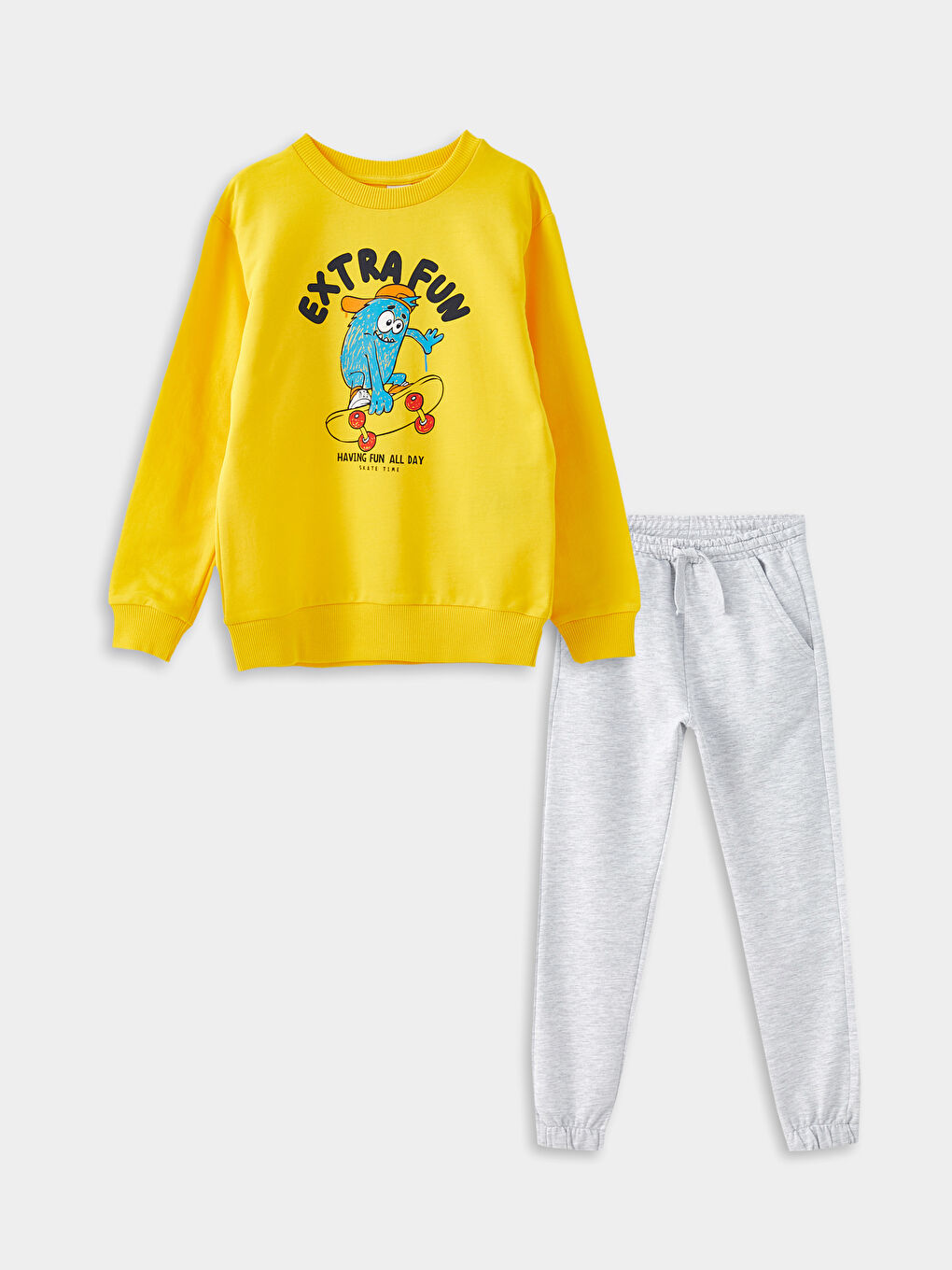 Sarı Bisiklet Yaka Baskılı Uzun Kollu Erkek Çocuk Sweatshirt ve Eşofman Altı