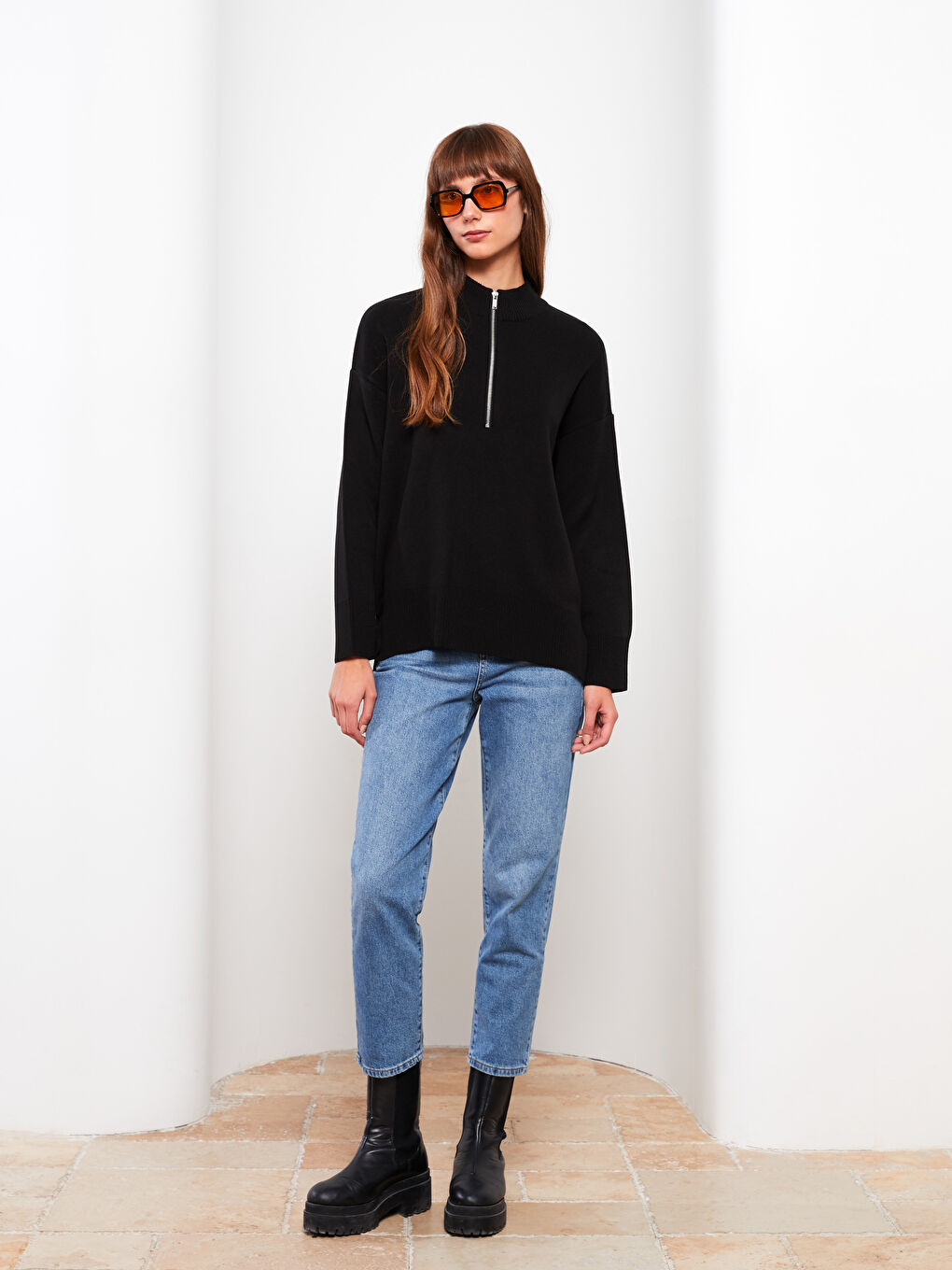 LCW Modest Dik Yaka Düz Uzun Kollu Oversize Kadın Triko Kazak -W2EM30Z8-RQN