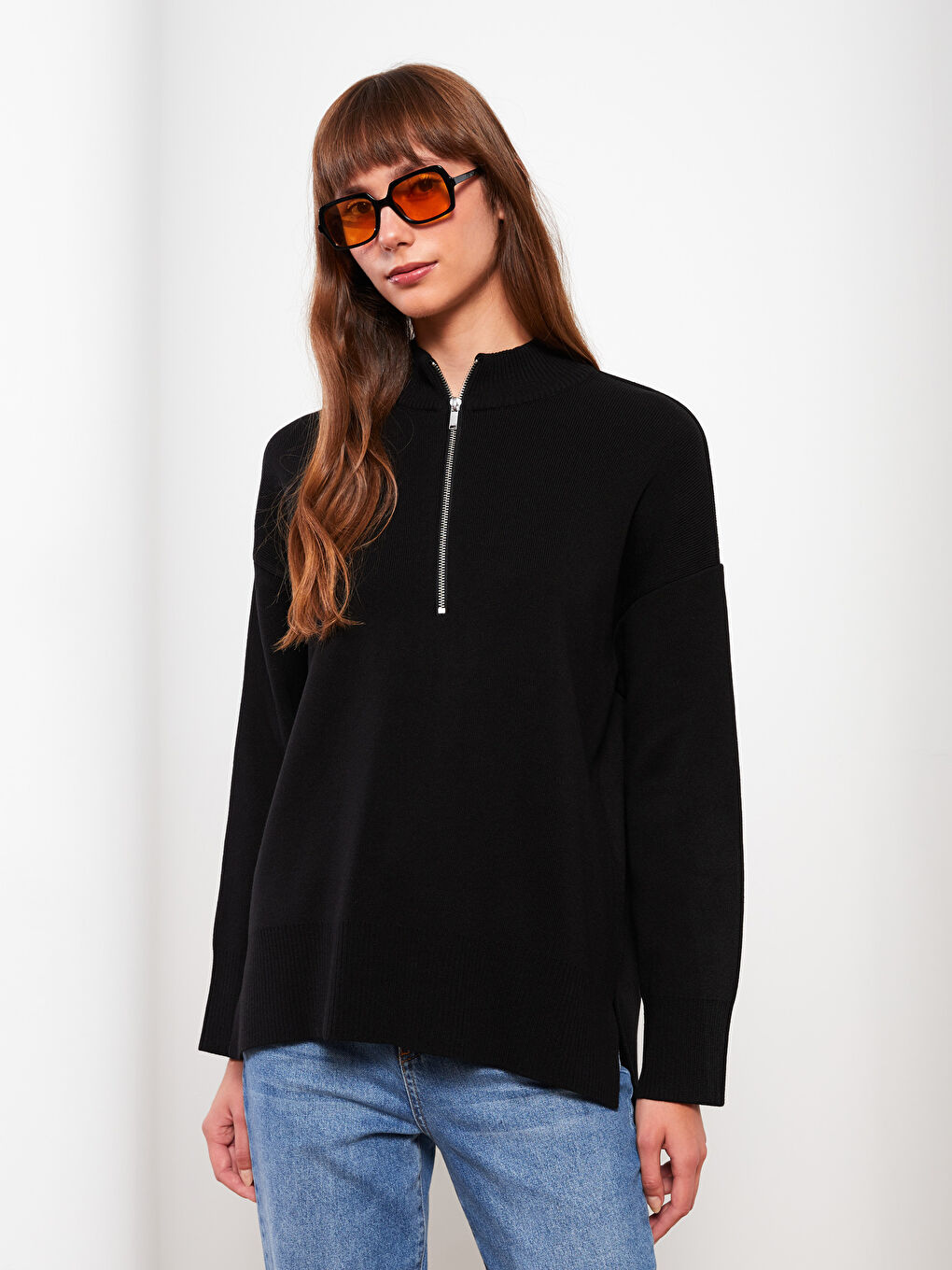 LCW Modest Dik Yaka Düz Uzun Kollu Oversize Kadın Triko Kazak -W2EM30Z8-RQN