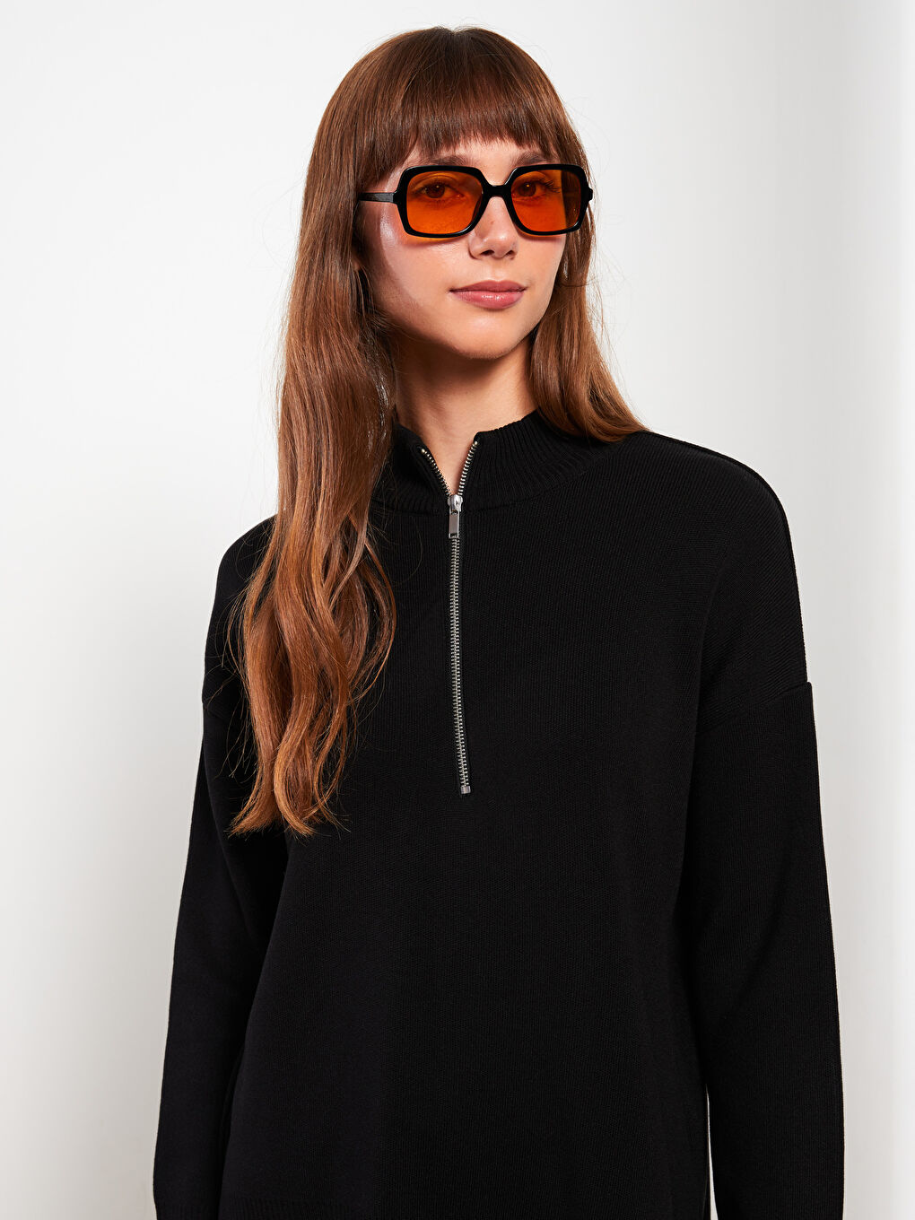 LCW Modest Dik Yaka Düz Uzun Kollu Oversize Kadın Triko Kazak -W2EM30Z8-RQN