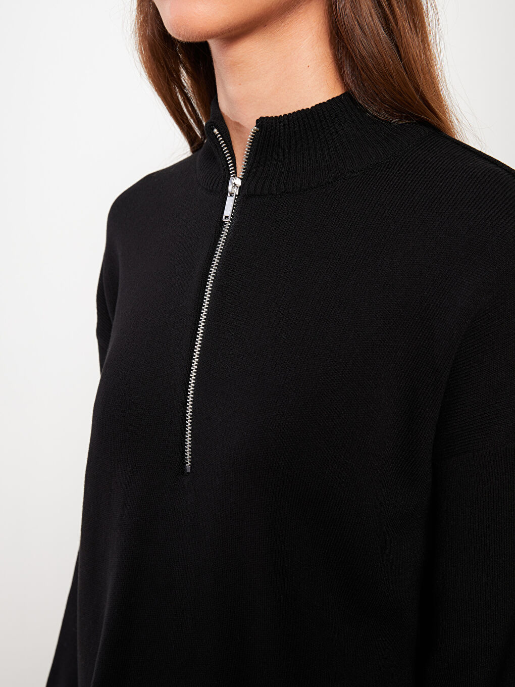 LCW Modest Dik Yaka Düz Uzun Kollu Oversize Kadın Triko Kazak -W2EM30Z8-RQN