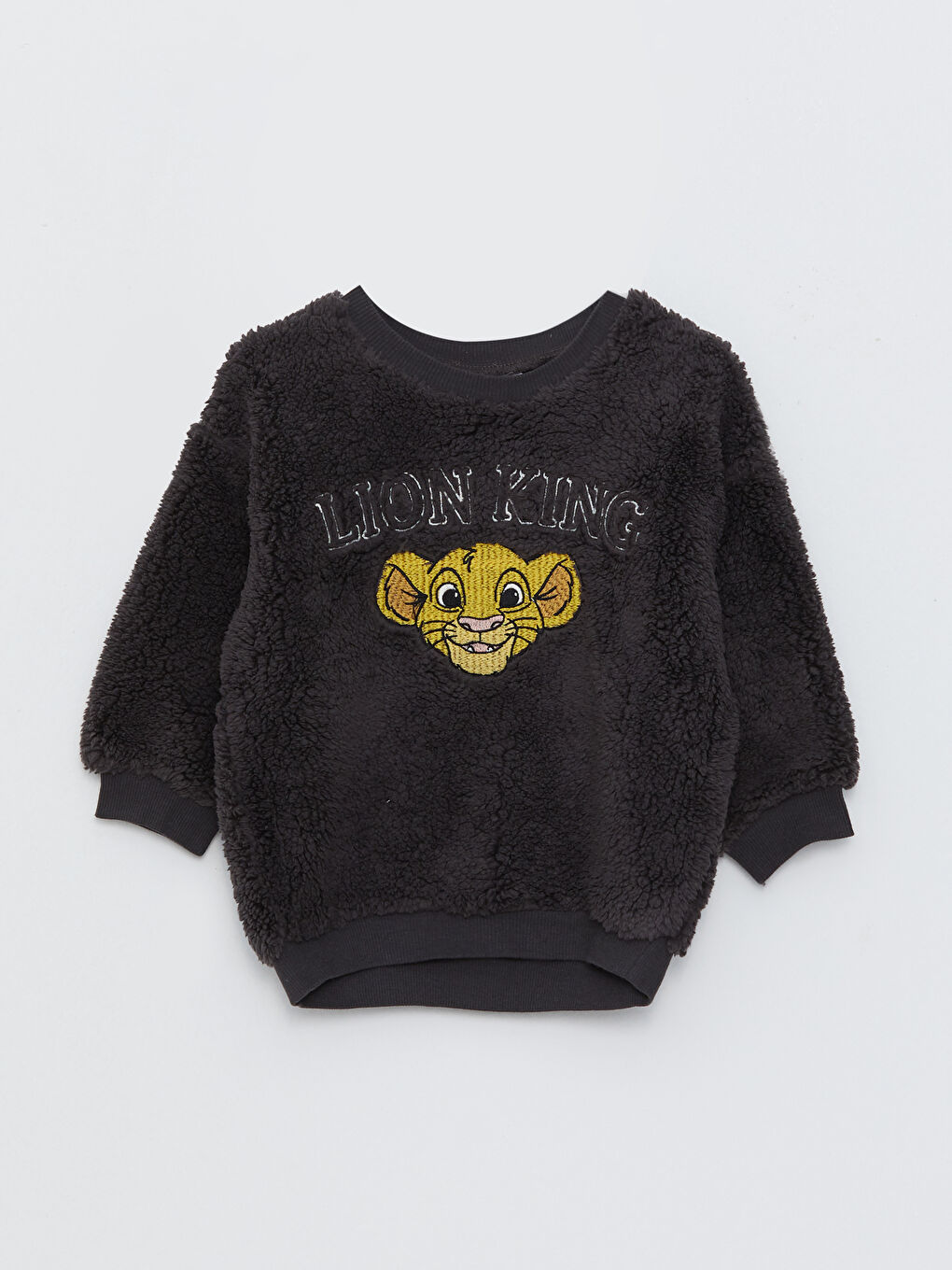 LCW baby Antrasit Bisiklet Yaka Uzun Kollu Aslan Kral Nakış Detaylı Pelüş Erkek Bebek Sweatshirt