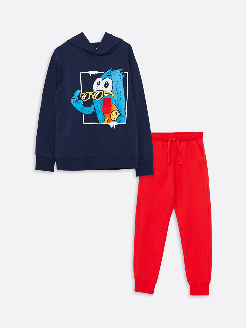 Lacivert Kapüşonlu Baskılı Uzun Kollu Erkek Çocuk Sweatshirt ve Pantolon