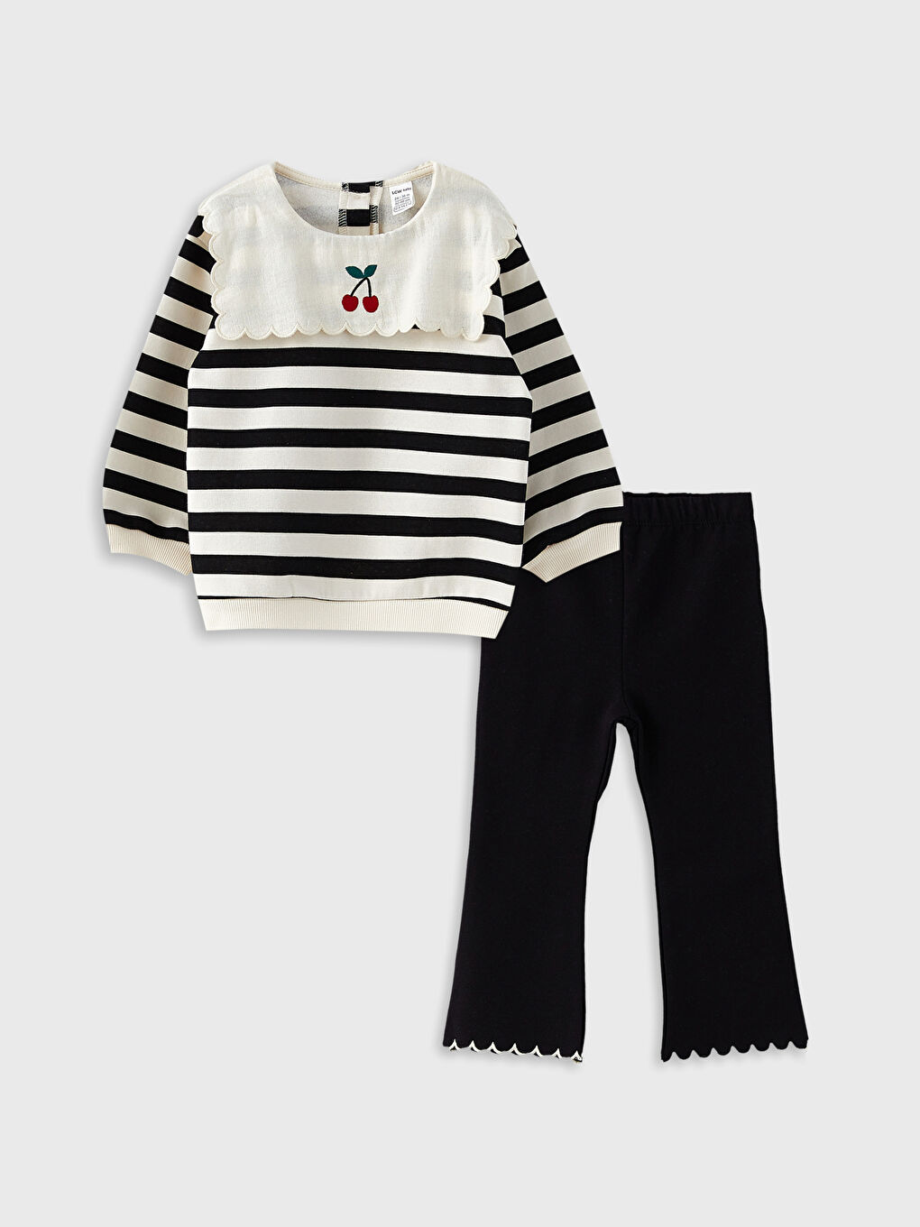 Ekru Bisiklet Yaka Uzun Kollu Çizgili Kız Bebek Sweatshirt ve Tayt 2'li Takım