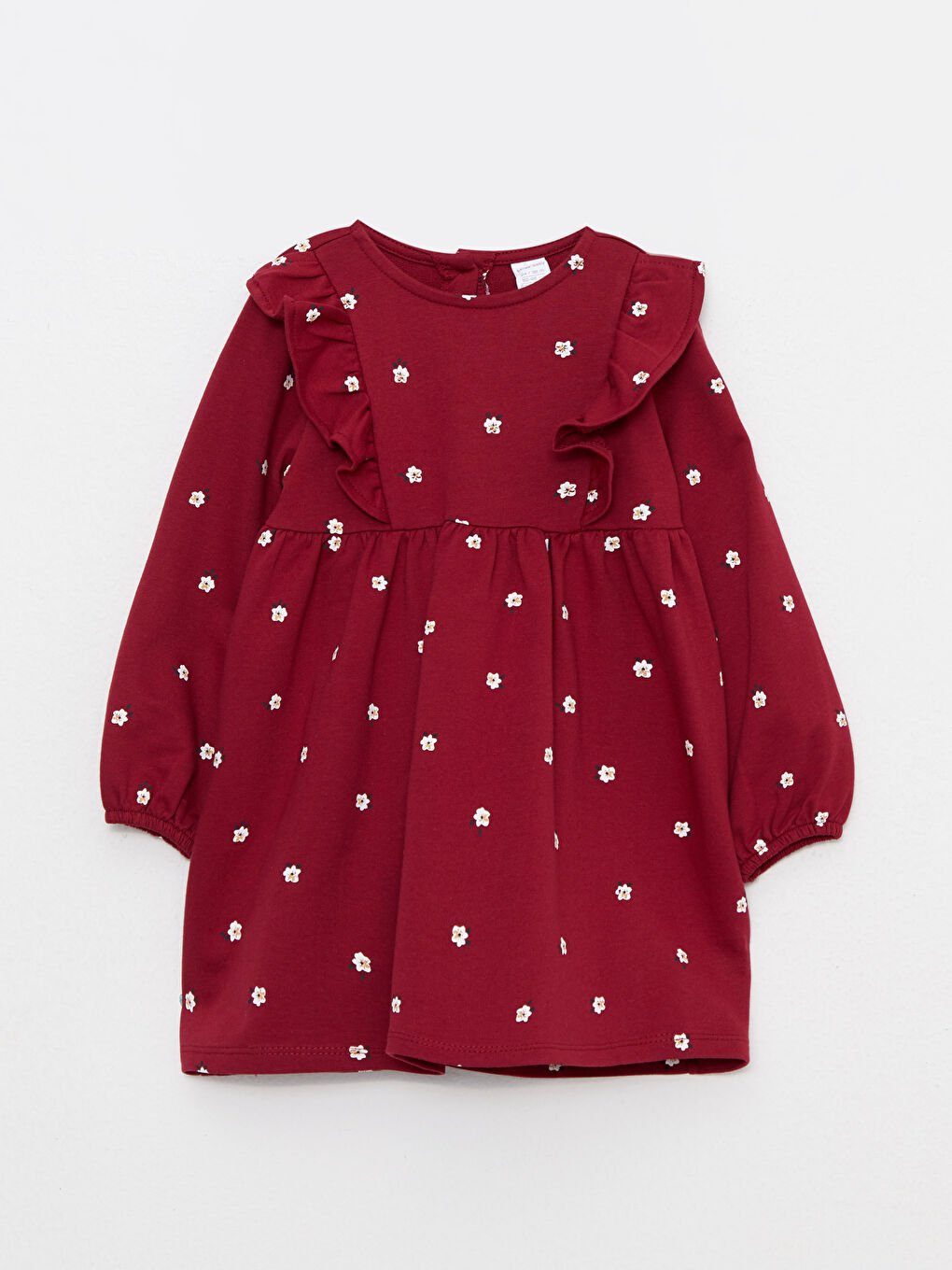 Bordo Bisiklet Yaka Uzun Kollu Baskılı Kız Bebek Elbise