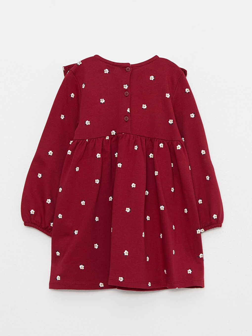 Bordo Bisiklet Yaka Uzun Kollu Baskılı Kız Bebek Elbise-1
