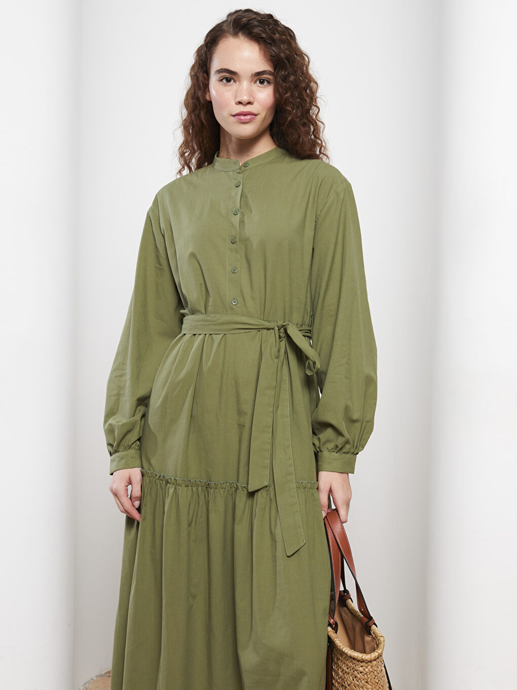 Hakim Yaka Düz Uzun Kollu Poplin Kadın Elbise-2