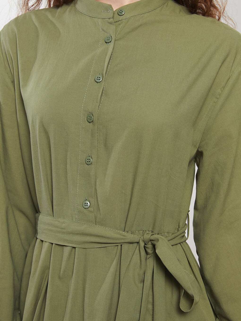 Hakim Yaka Düz Uzun Kollu Poplin Kadın Elbise-3