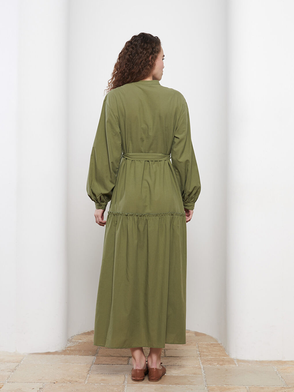 Hakim Yaka Düz Uzun Kollu Poplin Kadın Elbise-4