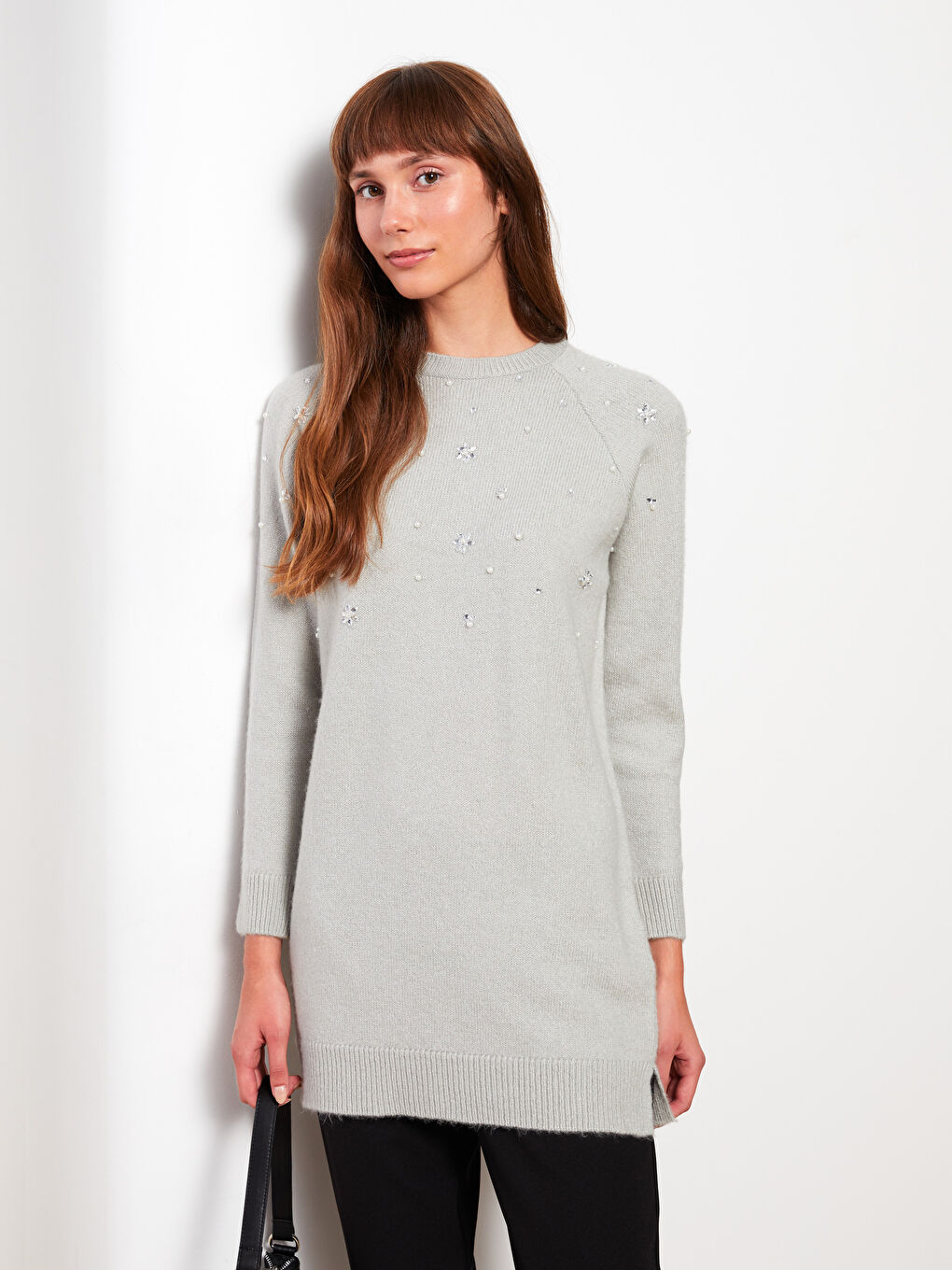 Gri Bisiklet Yaka Taş İşlemeli Uzun Kollu Kadın Triko Tunik-3