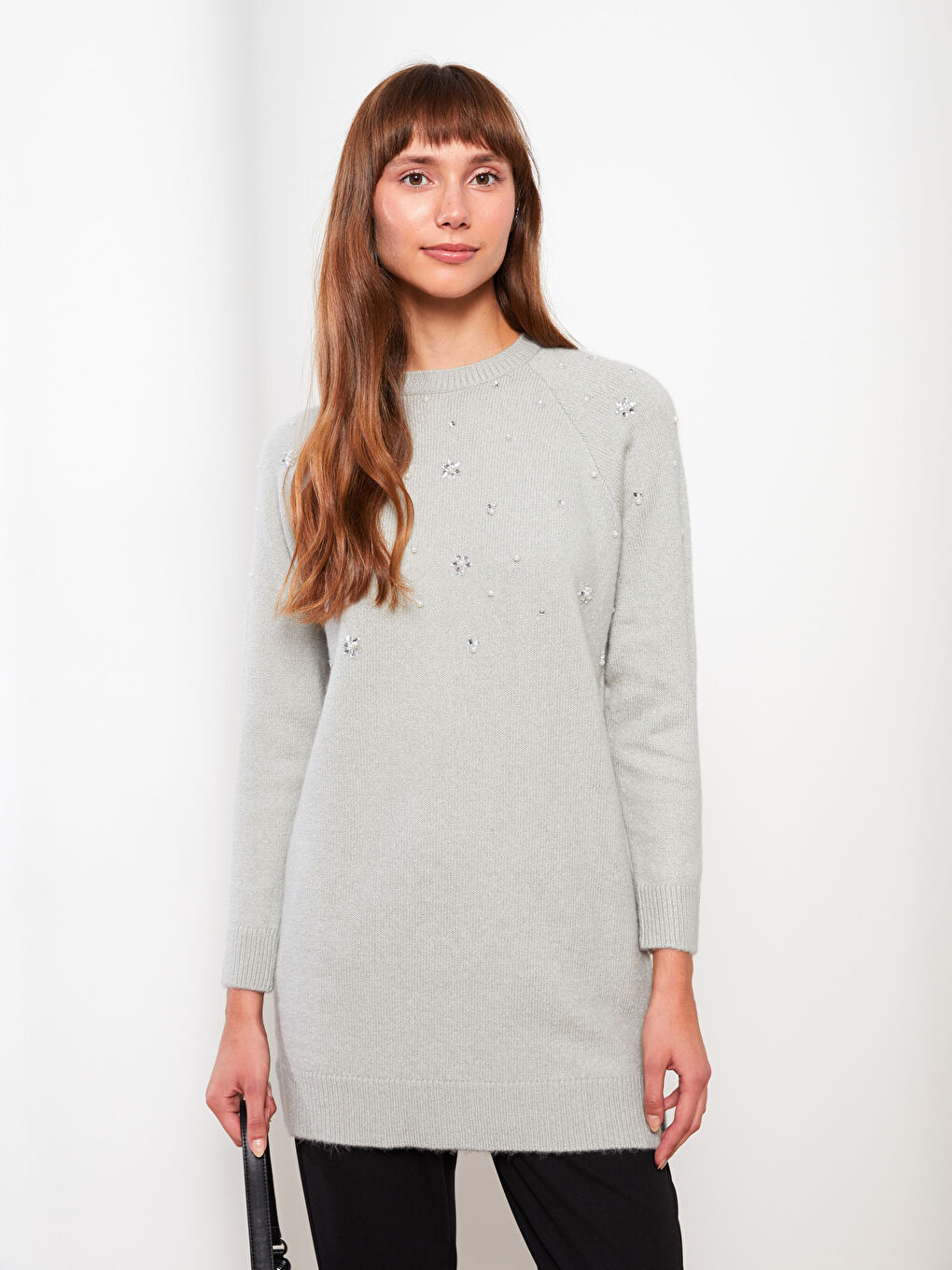 Gri Bisiklet Yaka Taş İşlemeli Uzun Kollu Kadın Triko Tunik-4