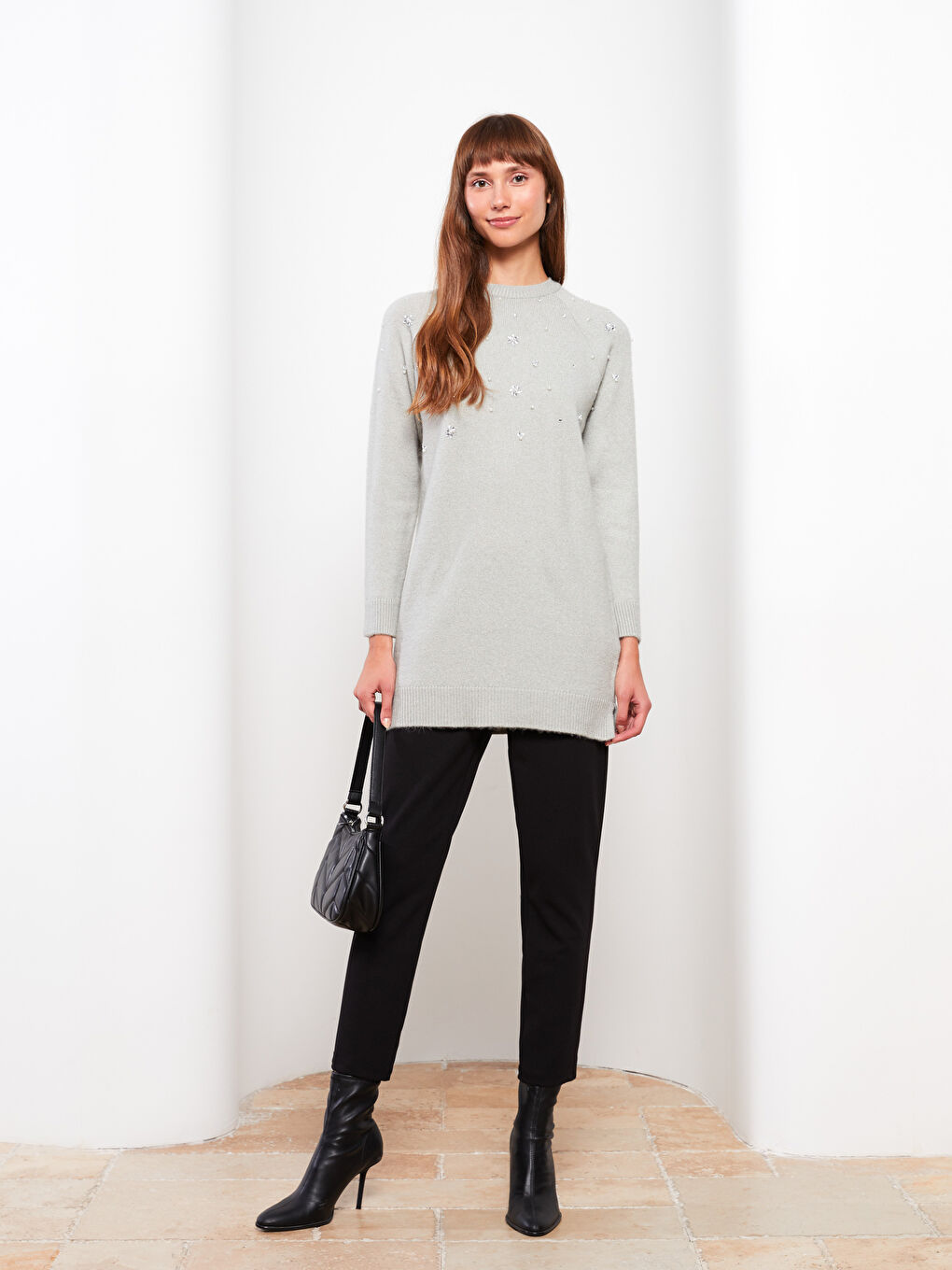 Gri Bisiklet Yaka Taş İşlemeli Uzun Kollu Kadın Triko Tunik-5