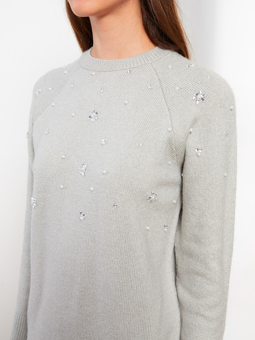 Gri Bisiklet Yaka Taş İşlemeli Uzun Kollu Kadın Triko Tunik-6