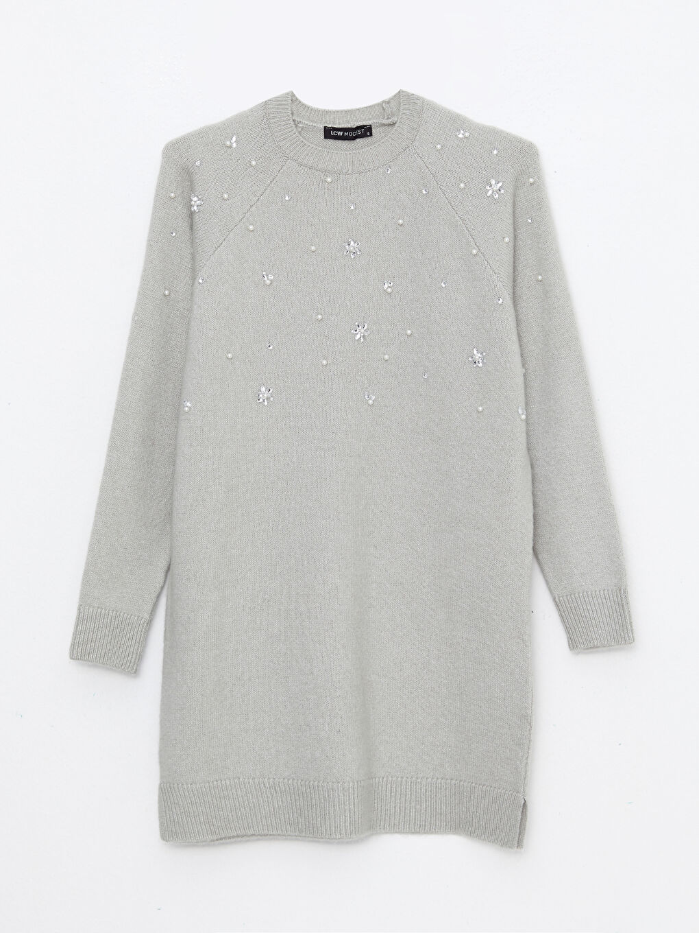 Gri Bisiklet Yaka Taş İşlemeli Uzun Kollu Kadın Triko Tunik-8