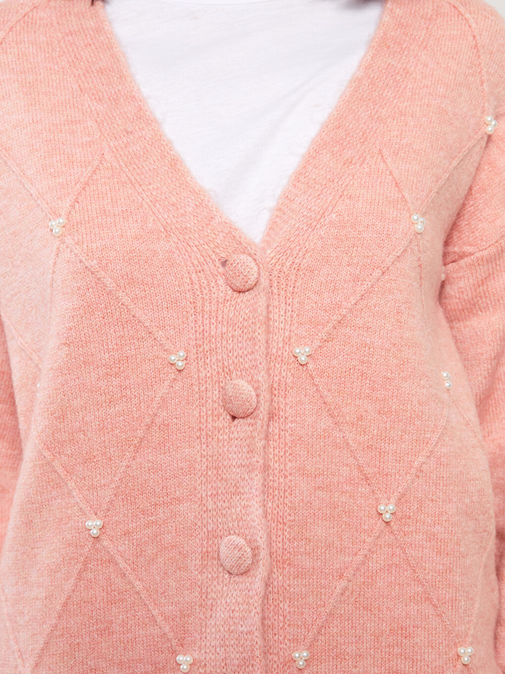 Pembe V Yaka İnci Detaylı Uzun Kollu Kadın Triko Hırka-3