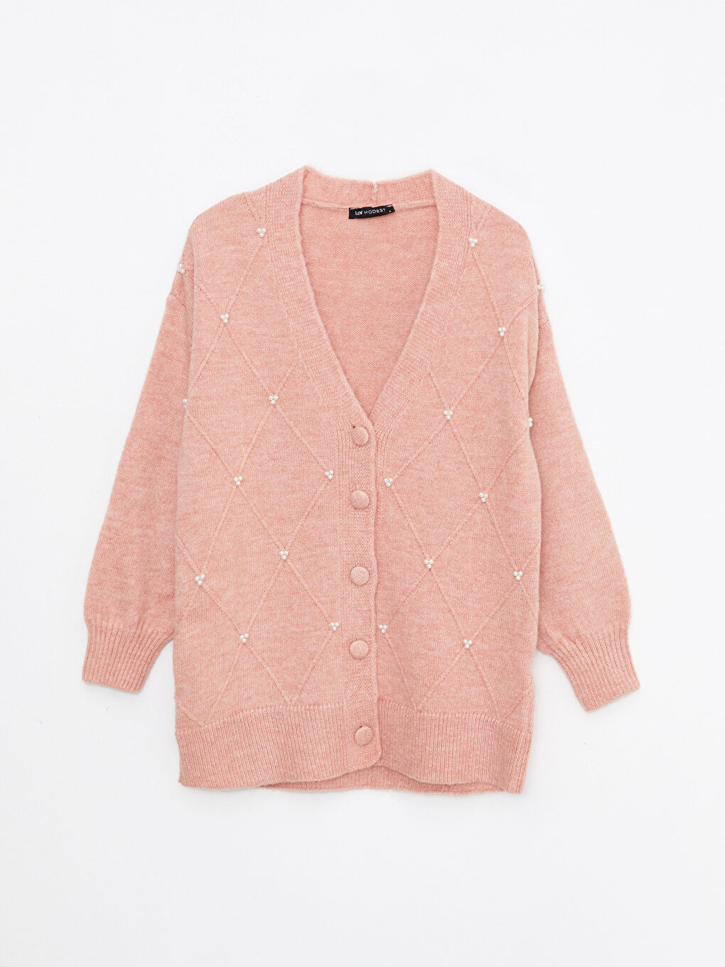 Pembe V Yaka İnci Detaylı Uzun Kollu Kadın Triko Hırka-5