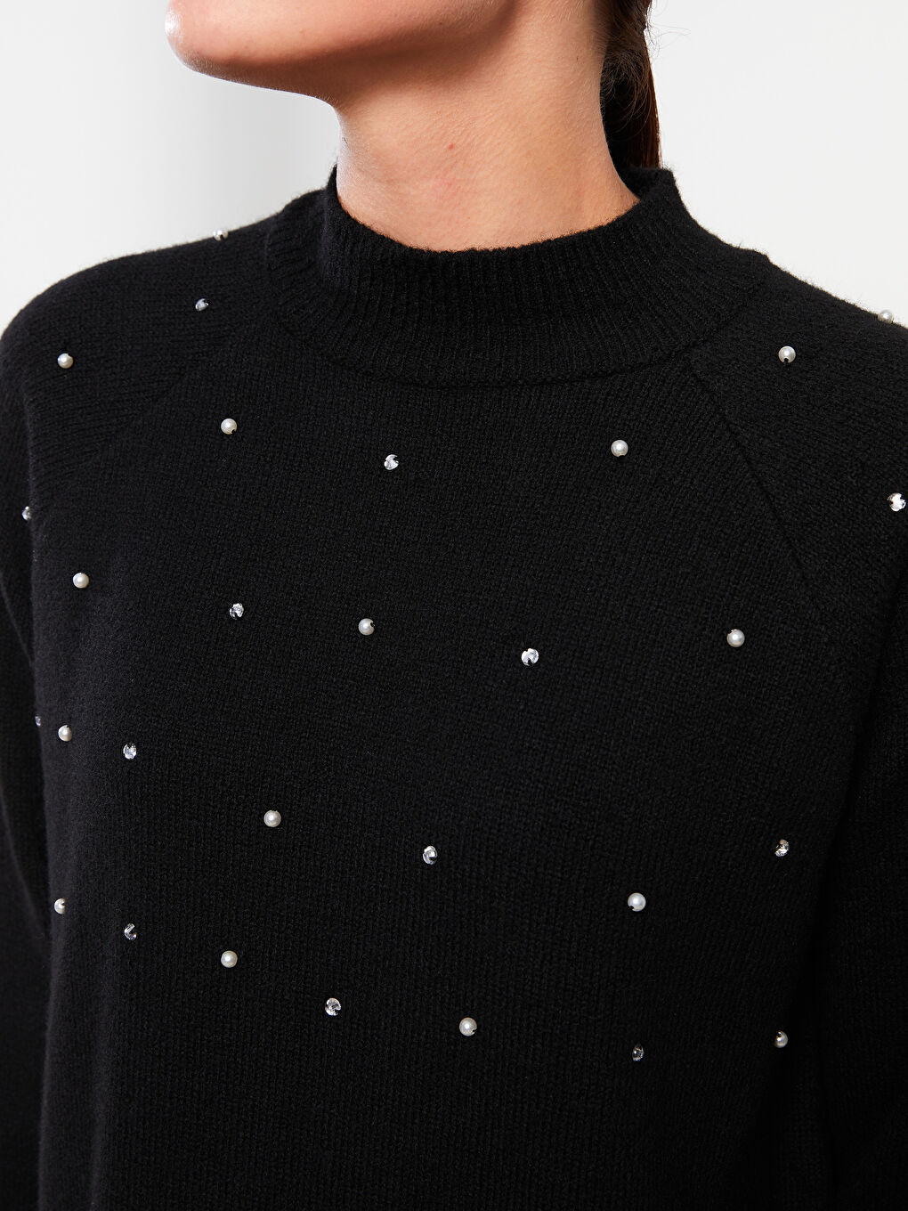 Siyah Dik Yaka Pul Payetli Uzun Kollu Kadın Triko Tunik-6