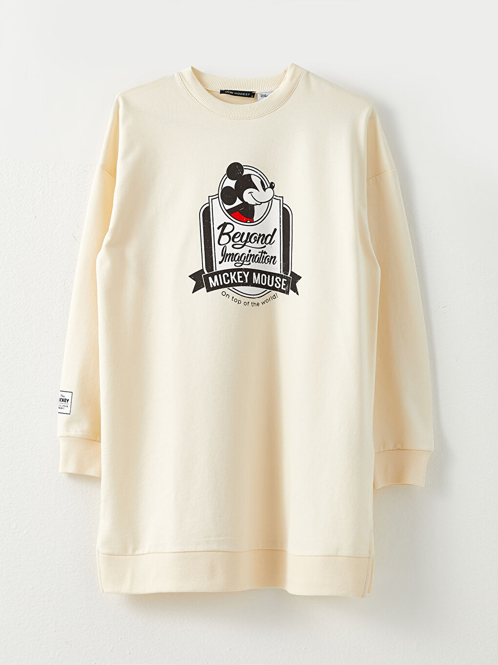 LCW Modest Krem Rengi Bisiklet Yaka Mickey Mouse Baskılı Uzun Kollu Oversize Kadın Sweatshirt Tunik - 5