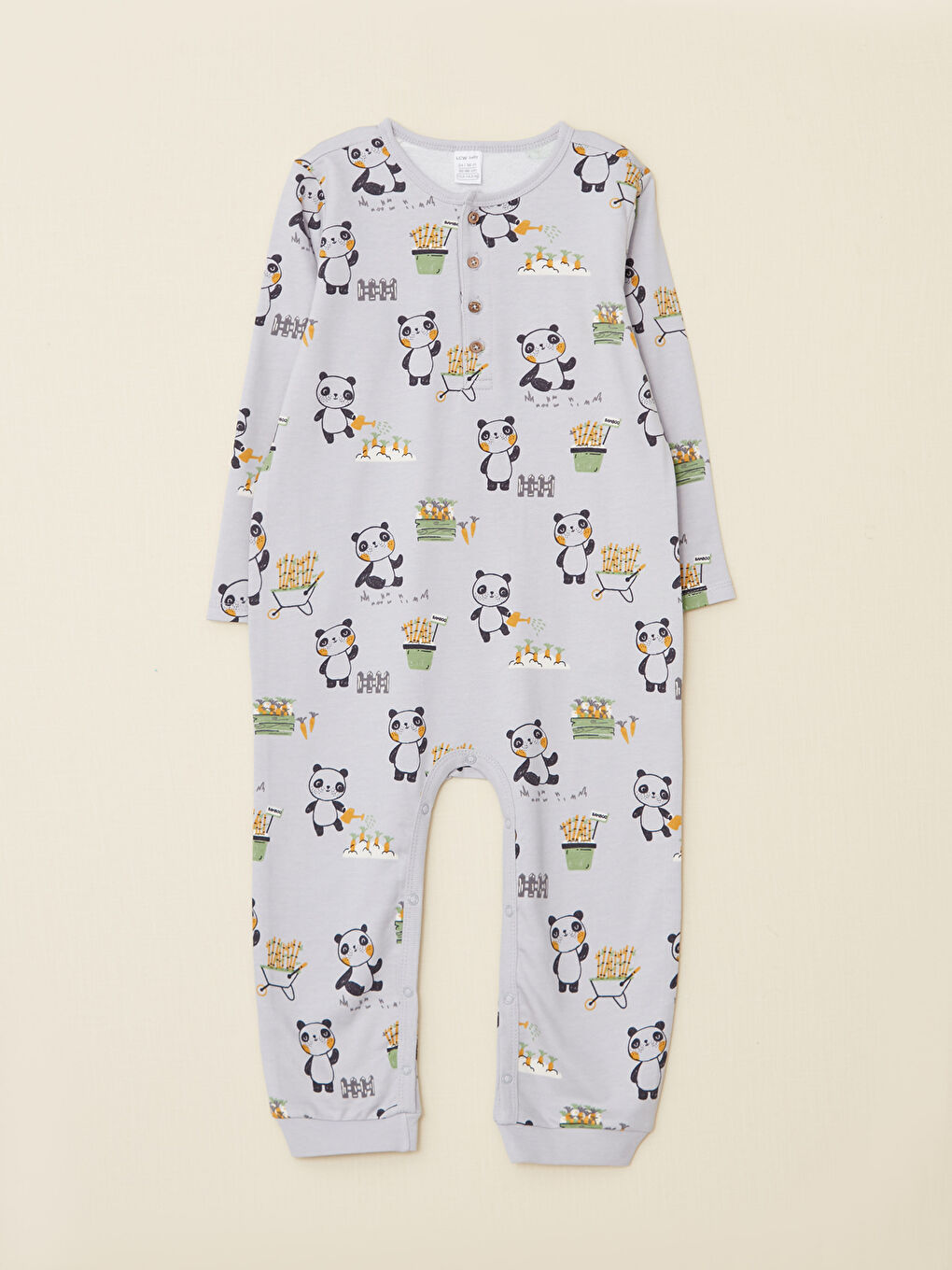 Gri Bisiklet Yaka Uzun Kollu Baskılı Organik Pamuklu Erkek Bebek Tulum