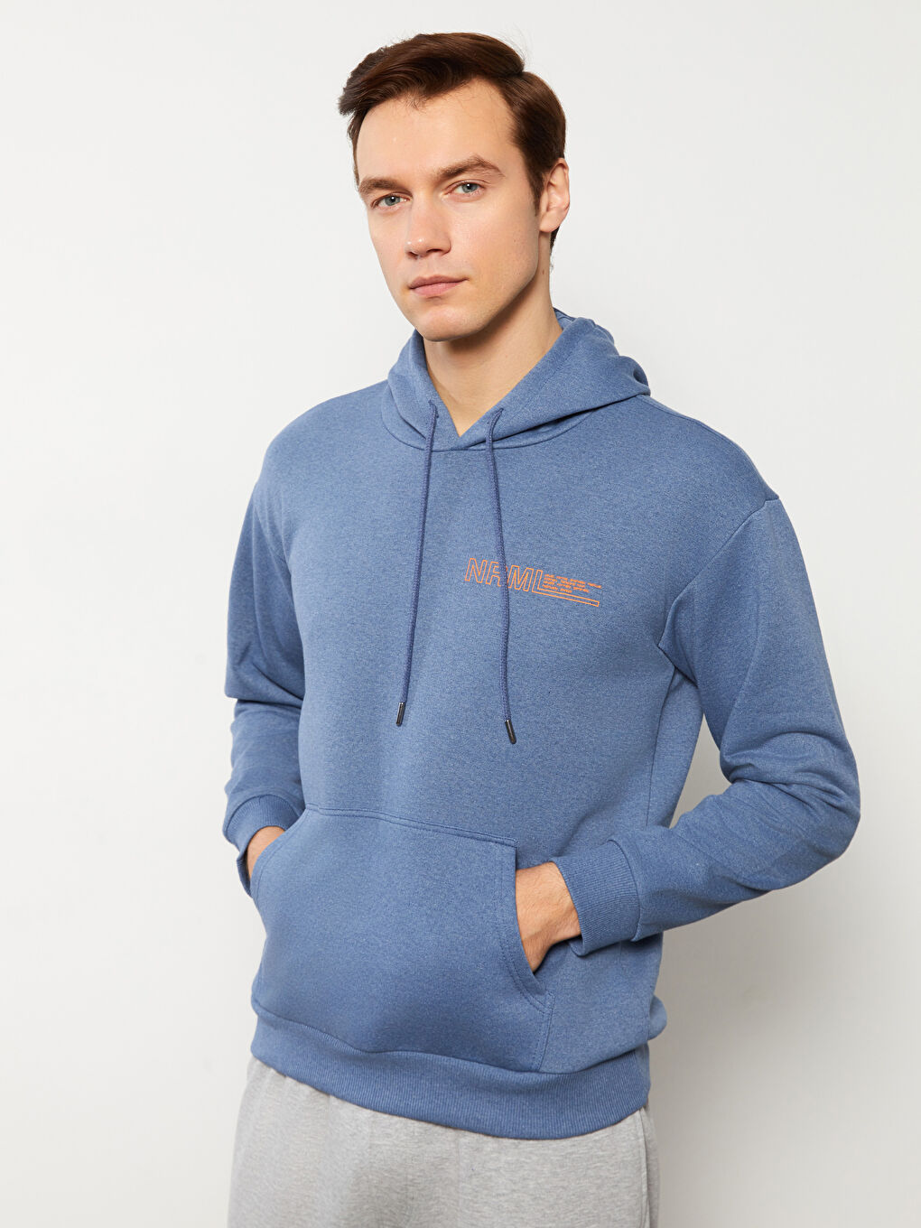 LCW ECO Mavi Uzun Kollu Baskılı Erkek Hoodie