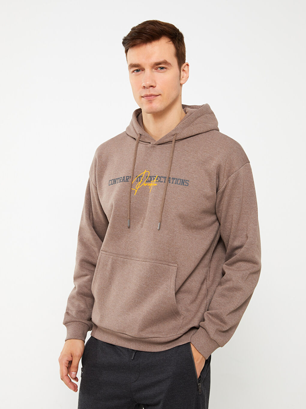 Gri Uzun Kollu Baskılı Erkek Hoodie