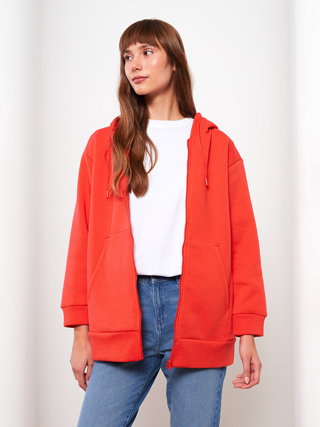 Turuncu Kapüşonlu Oversize Kadın Kalın Fermuarlı Sweatshirt