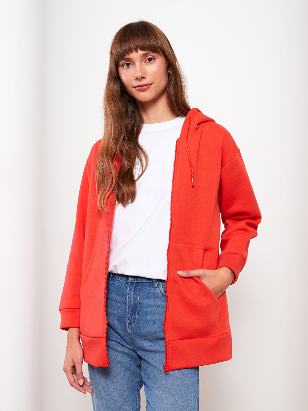 Turuncu Kapüşonlu Oversize Kadın Kalın Fermuarlı Sweatshirt-1