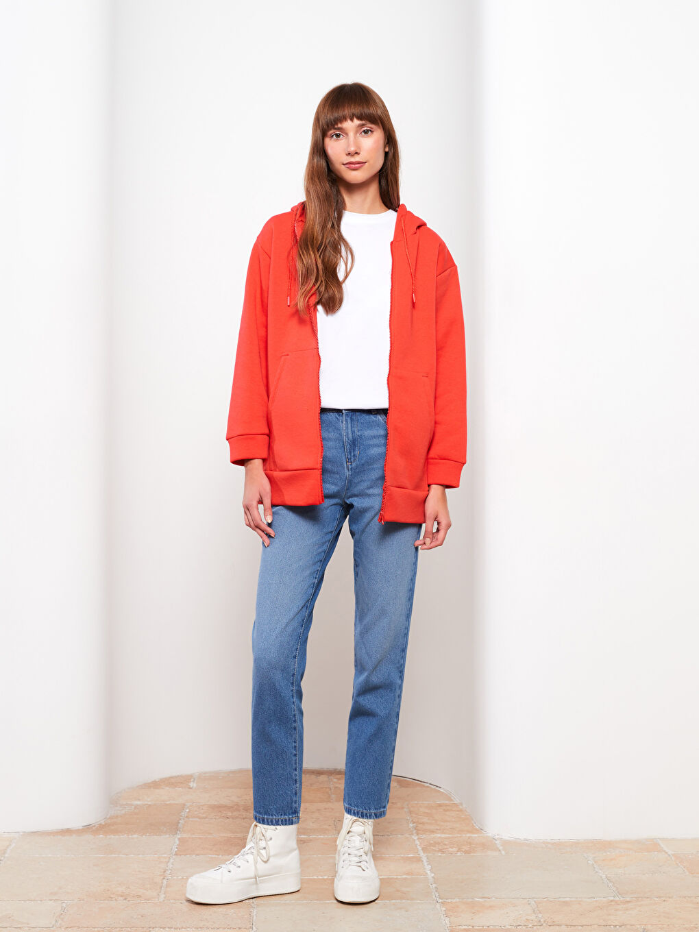 Turuncu Kapüşonlu Oversize Kadın Kalın Fermuarlı Sweatshirt-2