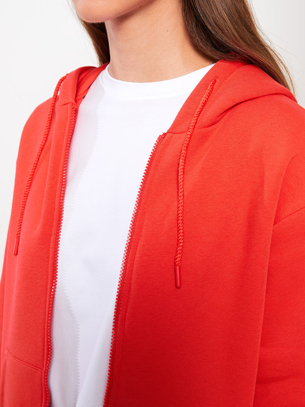 Turuncu Kapüşonlu Oversize Kadın Kalın Fermuarlı Sweatshirt-3