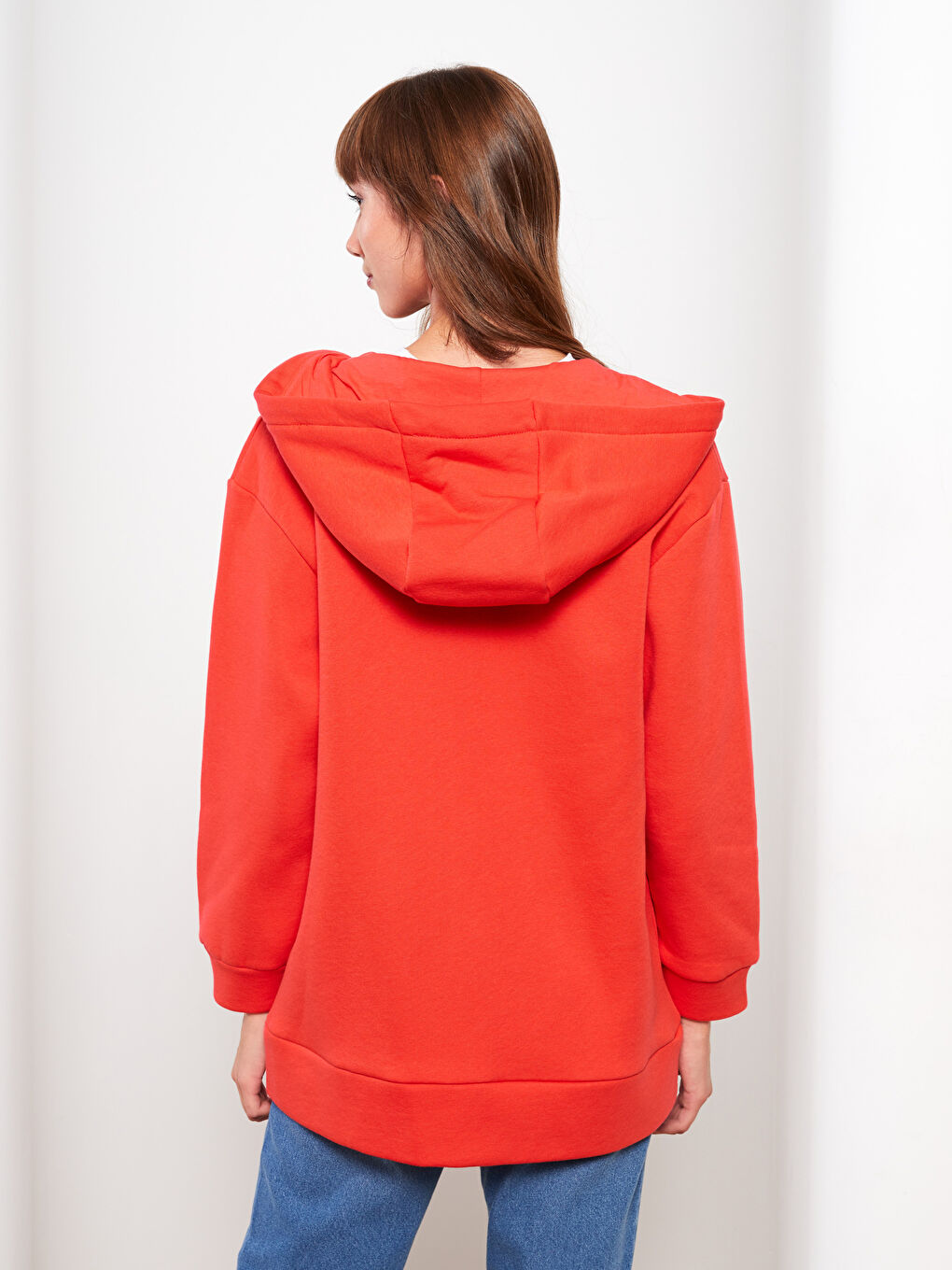 Turuncu Kapüşonlu Oversize Kadın Kalın Fermuarlı Sweatshirt-4