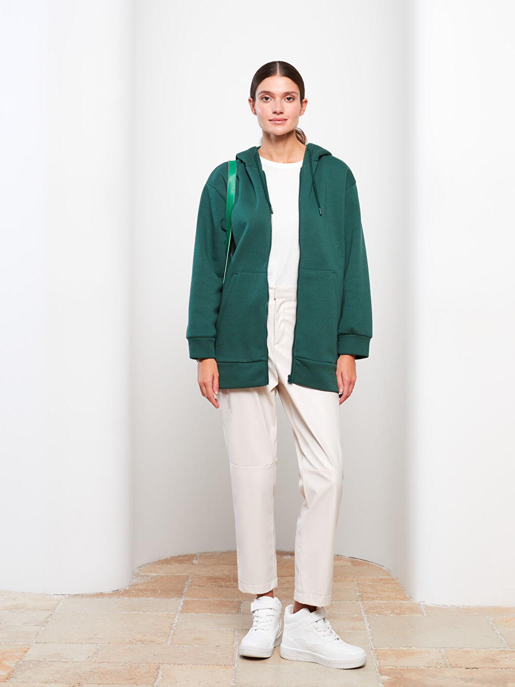 Yeşil Kapüşonlu Oversize Kadın Kalın Fermuarlı Sweatshirt