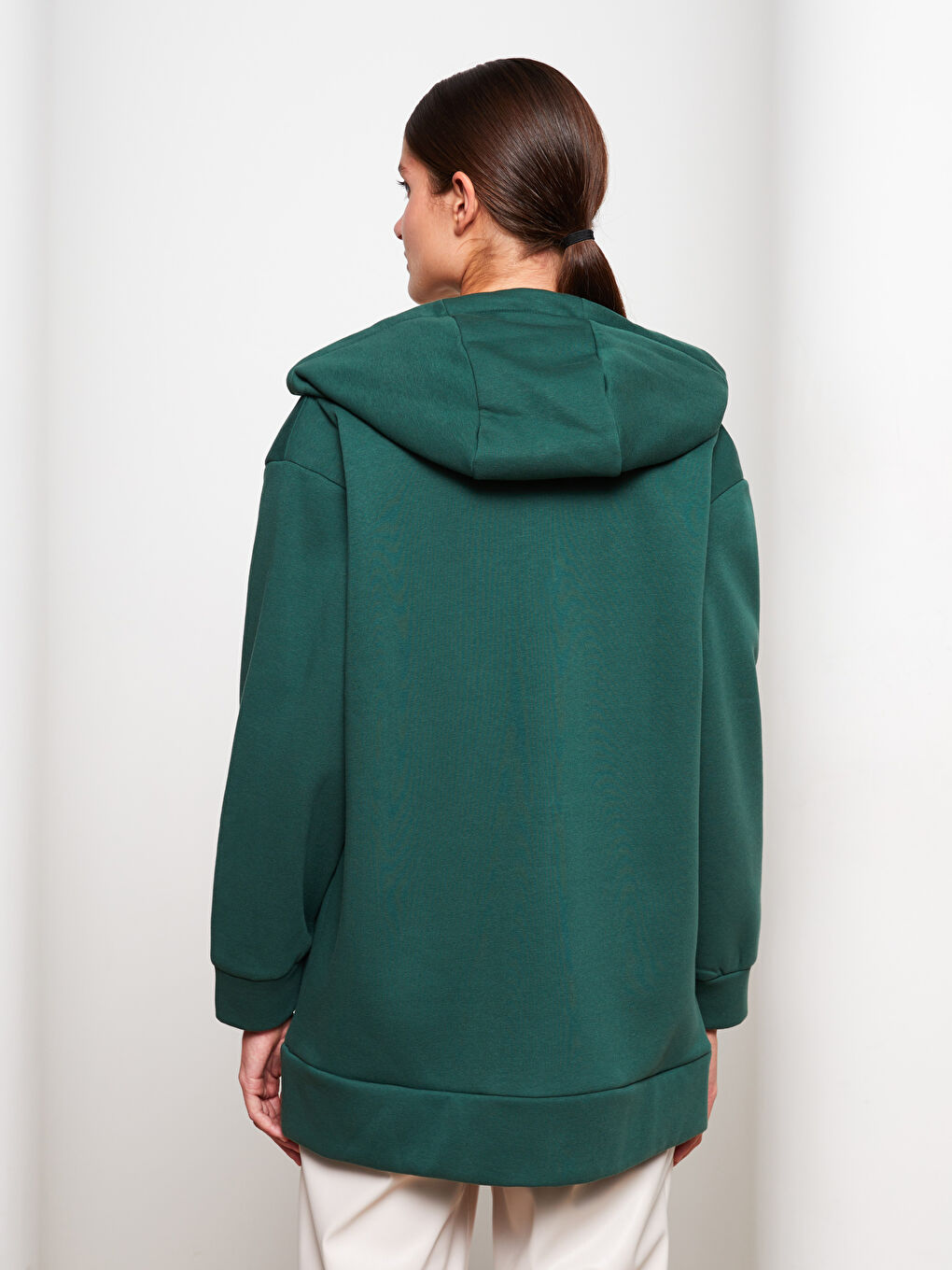 Yeşil Kapüşonlu Oversize Kadın Kalın Fermuarlı Sweatshirt-3