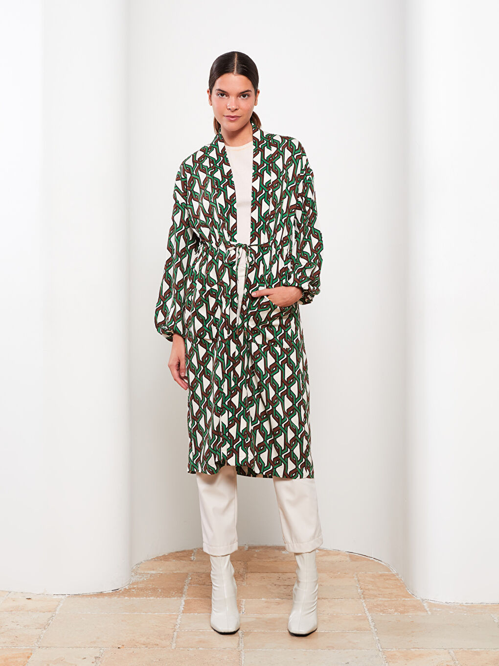 Yeşil Şal Yaka Desenli Uzun Kollu Kadın Kimono