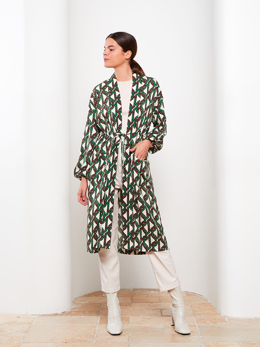 Yeşil Şal Yaka Desenli Uzun Kollu Kadın Kimono-1