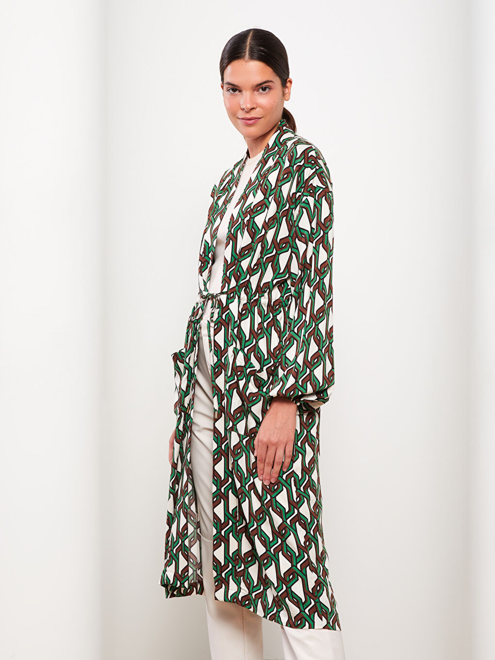 Yeşil Şal Yaka Desenli Uzun Kollu Kadın Kimono-2