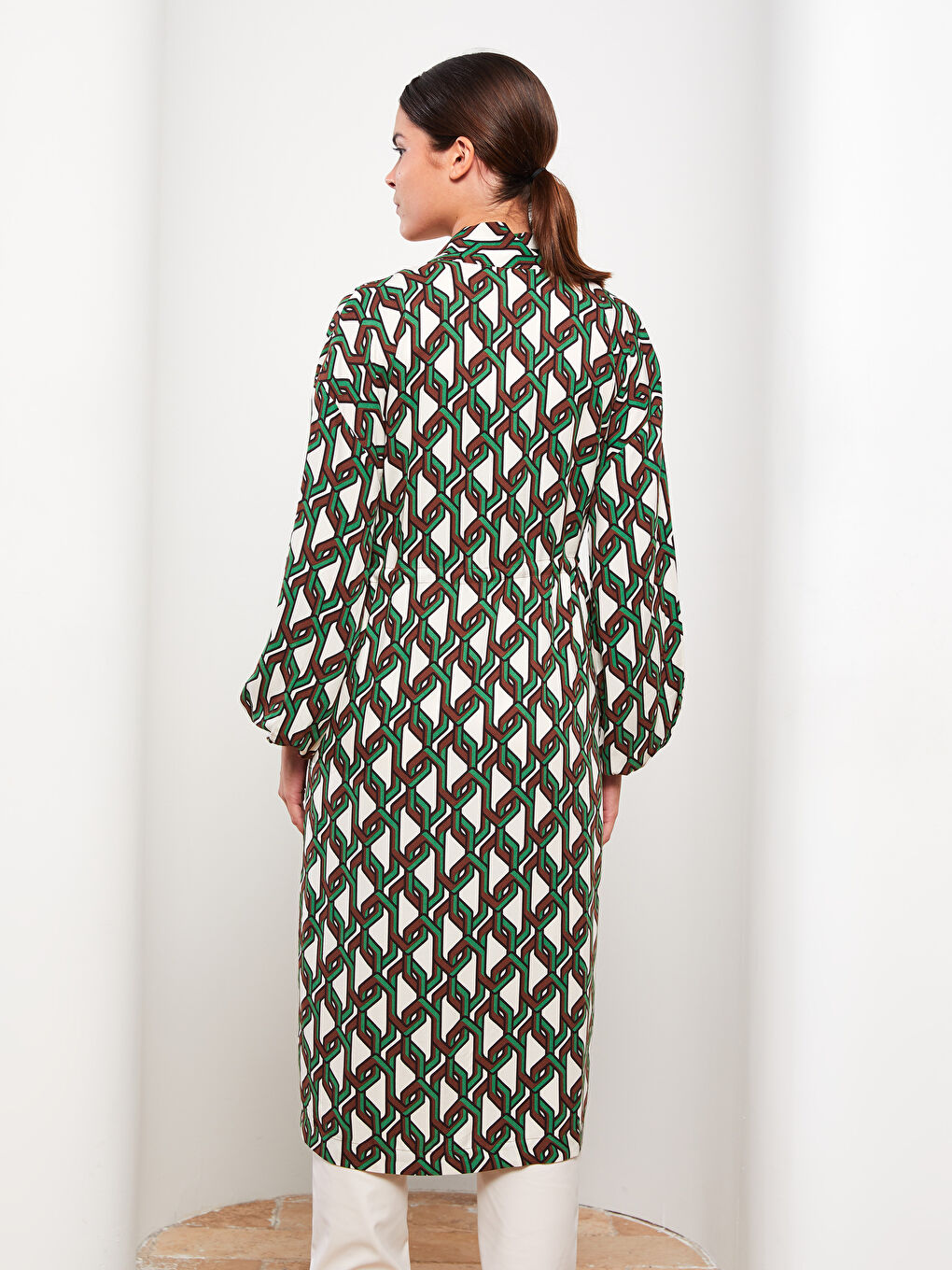 Yeşil Şal Yaka Desenli Uzun Kollu Kadın Kimono-4