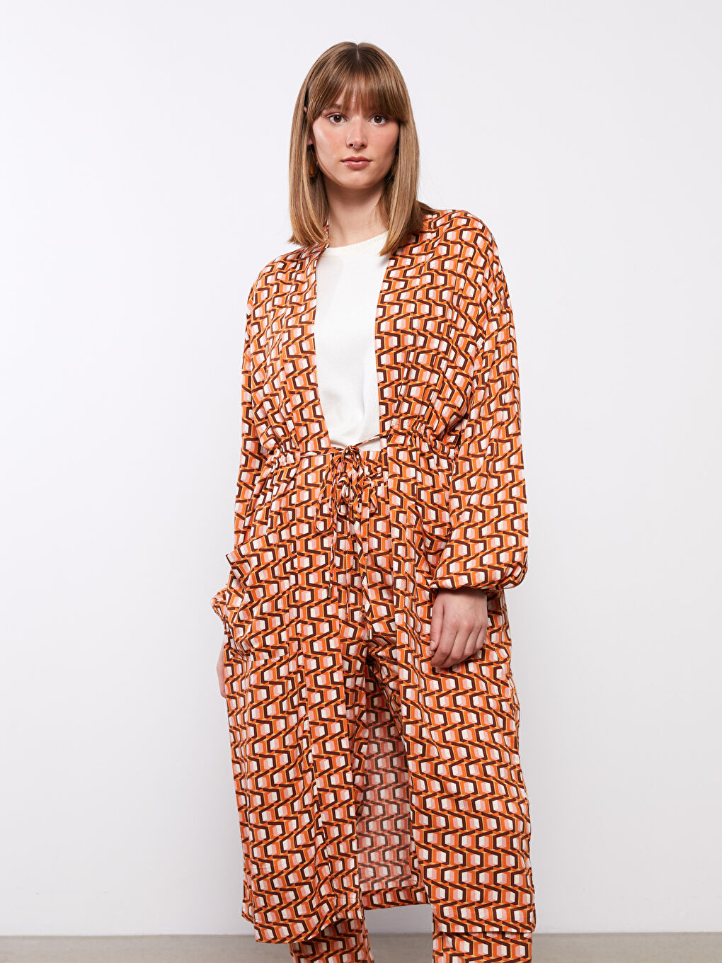 Turuncu Şal Yaka Desenli Uzun Kollu Kadın Kimono-2