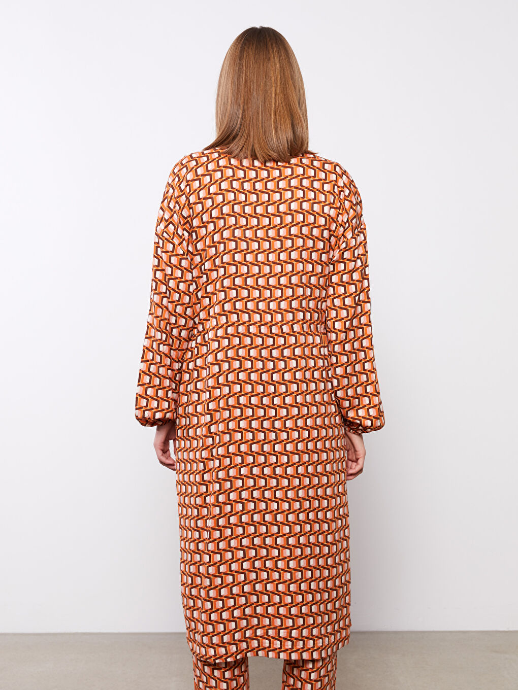 Turuncu Şal Yaka Desenli Uzun Kollu Kadın Kimono-8
