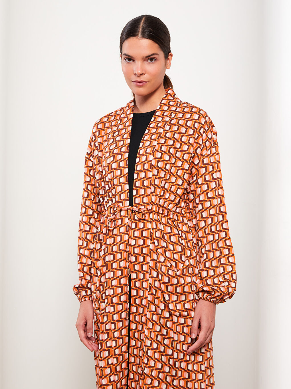 Turuncu Şal Yaka Desenli Uzun Kollu Kadın Kimono-5