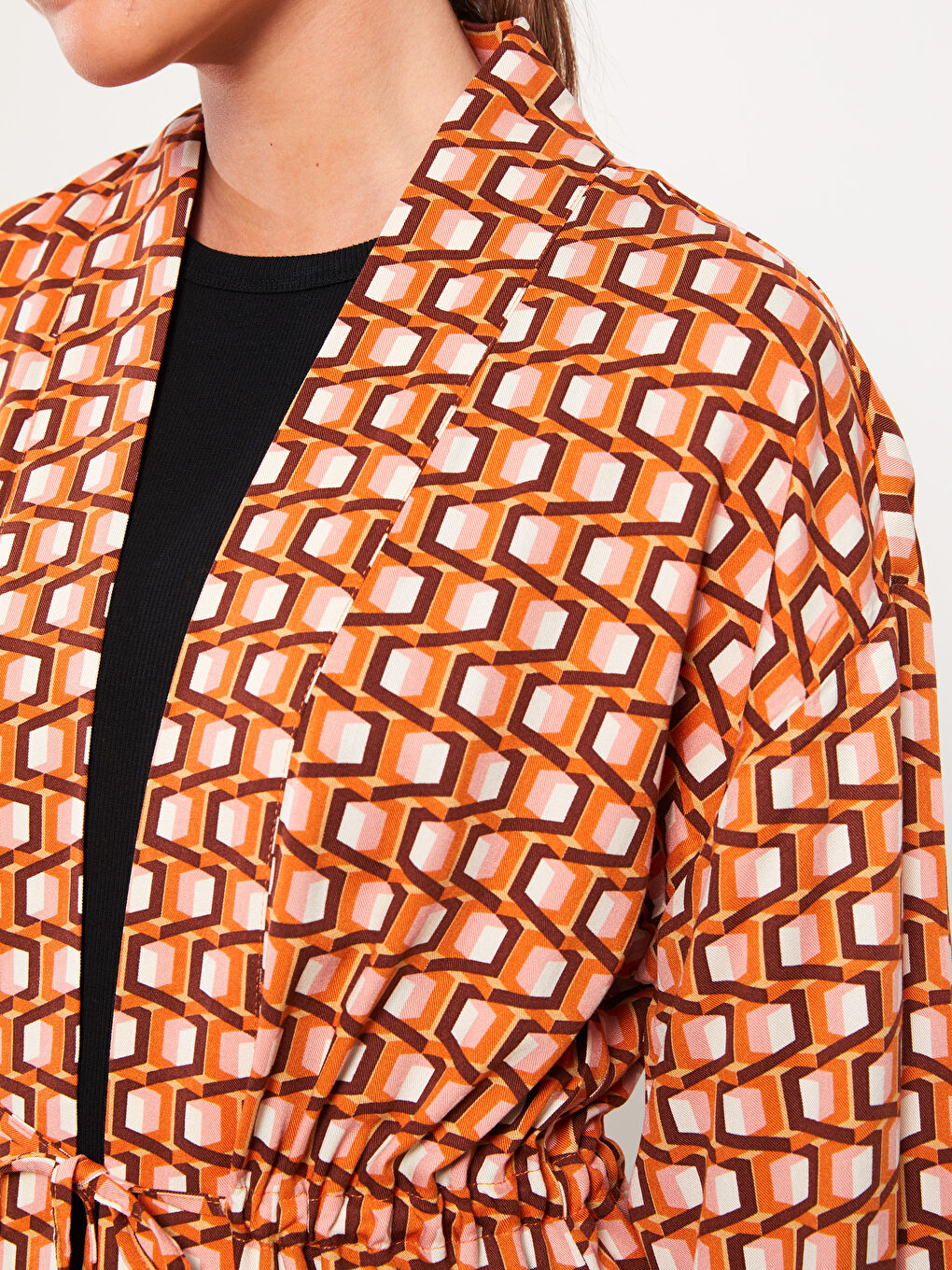 Turuncu Şal Yaka Desenli Uzun Kollu Kadın Kimono-7