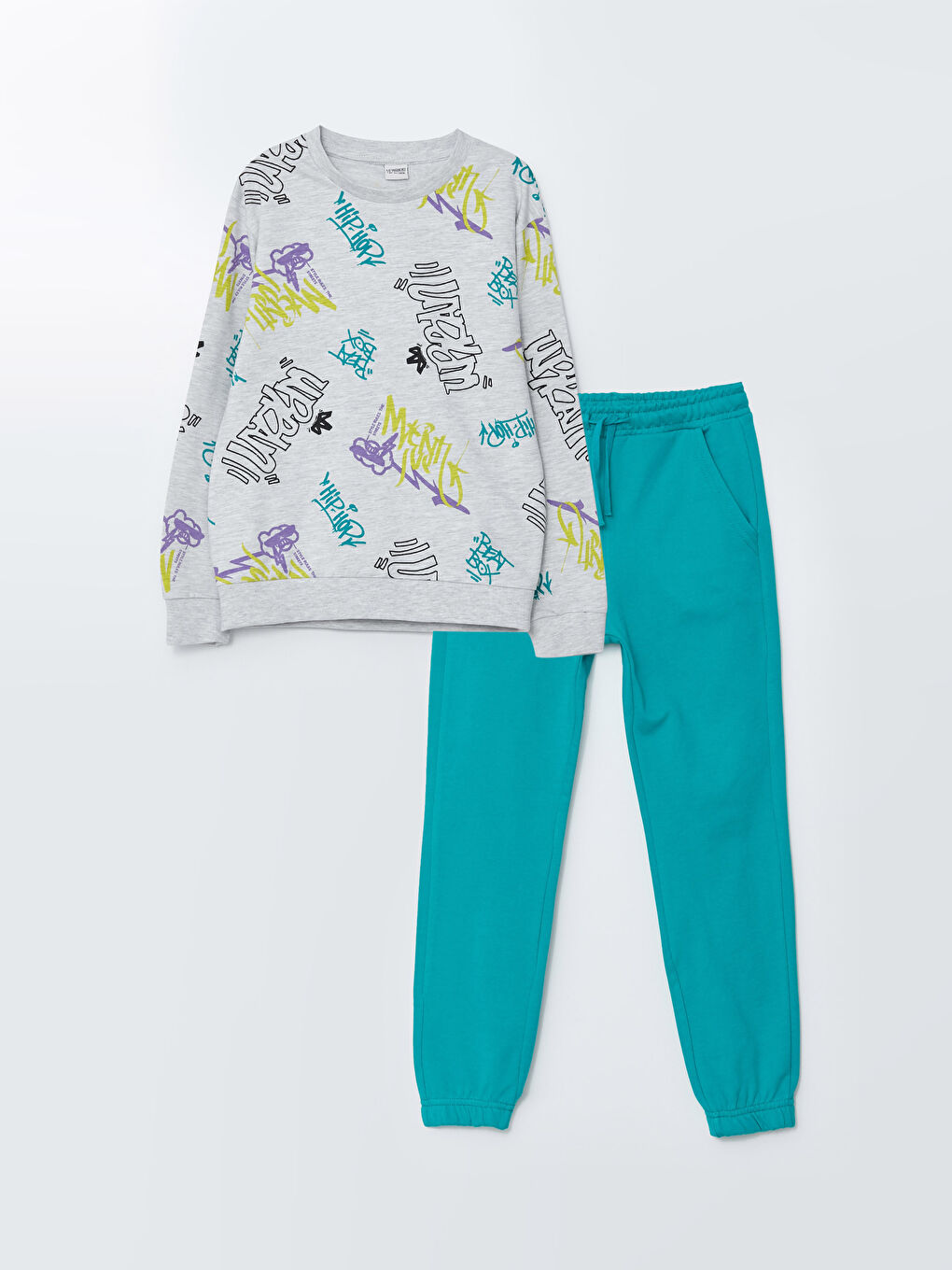 Gri Bisiklet Yaka Baskılı Uzun Kollu Erkek Çocuk Sweatshirt ve Eşofman Altı