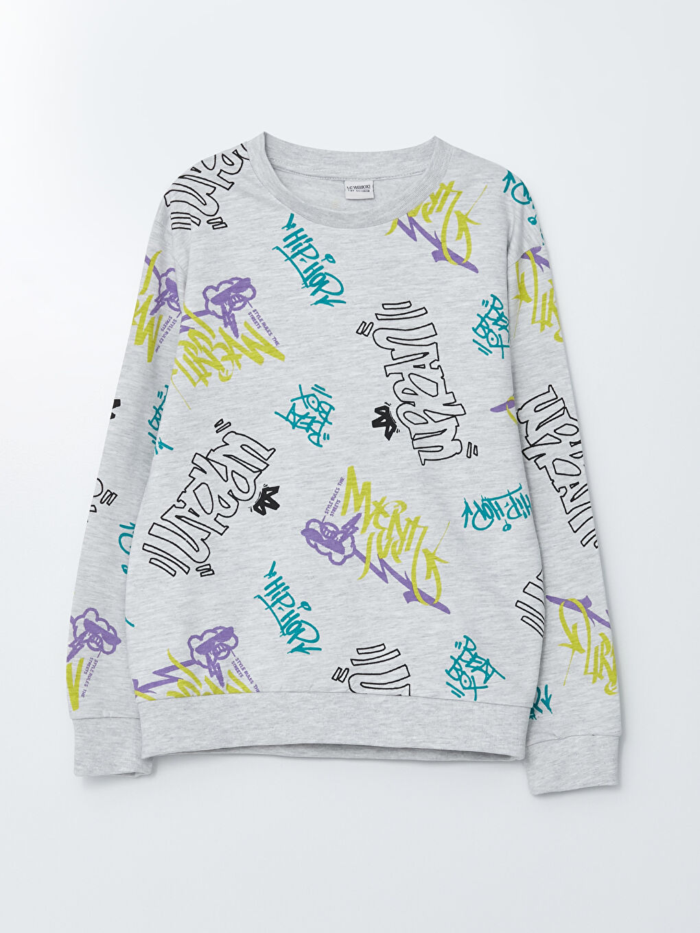 Gri Bisiklet Yaka Baskılı Uzun Kollu Erkek Çocuk Sweatshirt ve Eşofman Altı-1