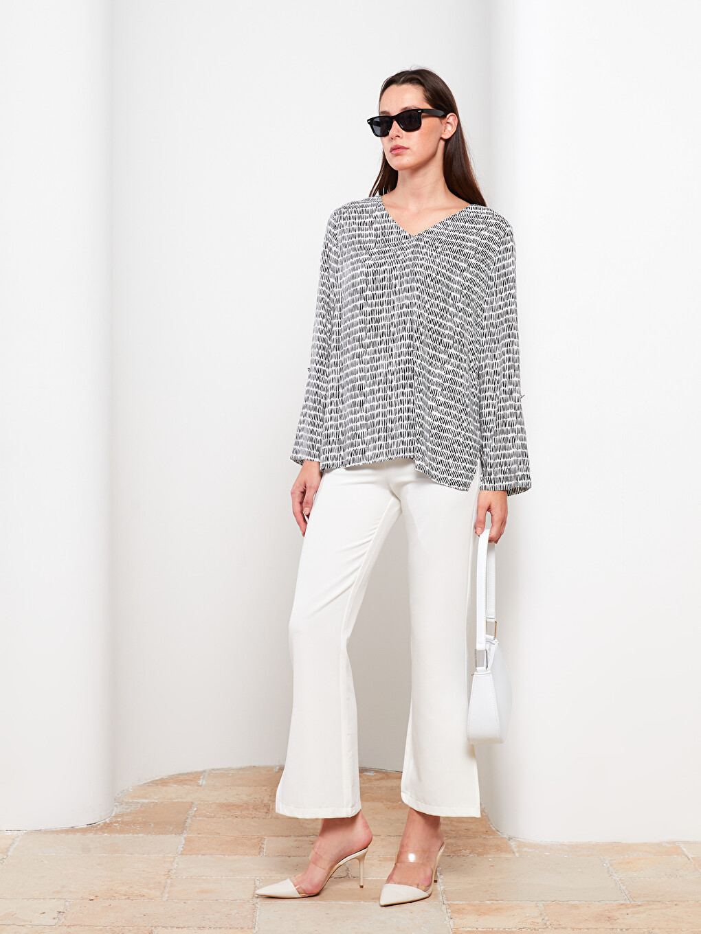 V Neck Patterned Long Sleeve Viscose Women Blouse