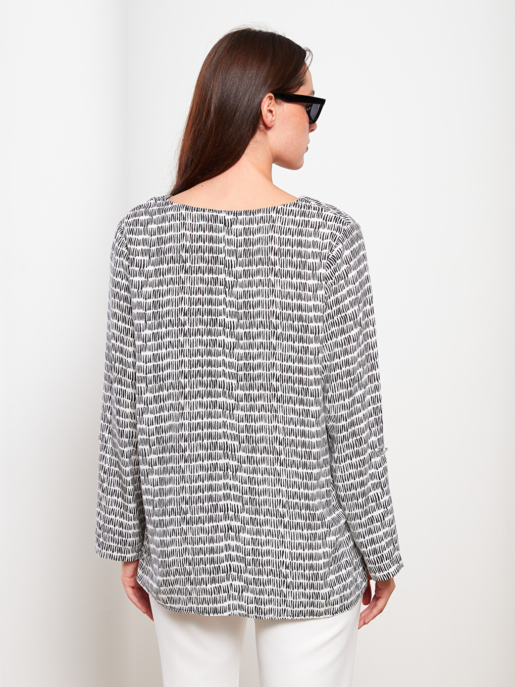 V Neck Patterned Long Sleeve Viscose Women Blouse-3