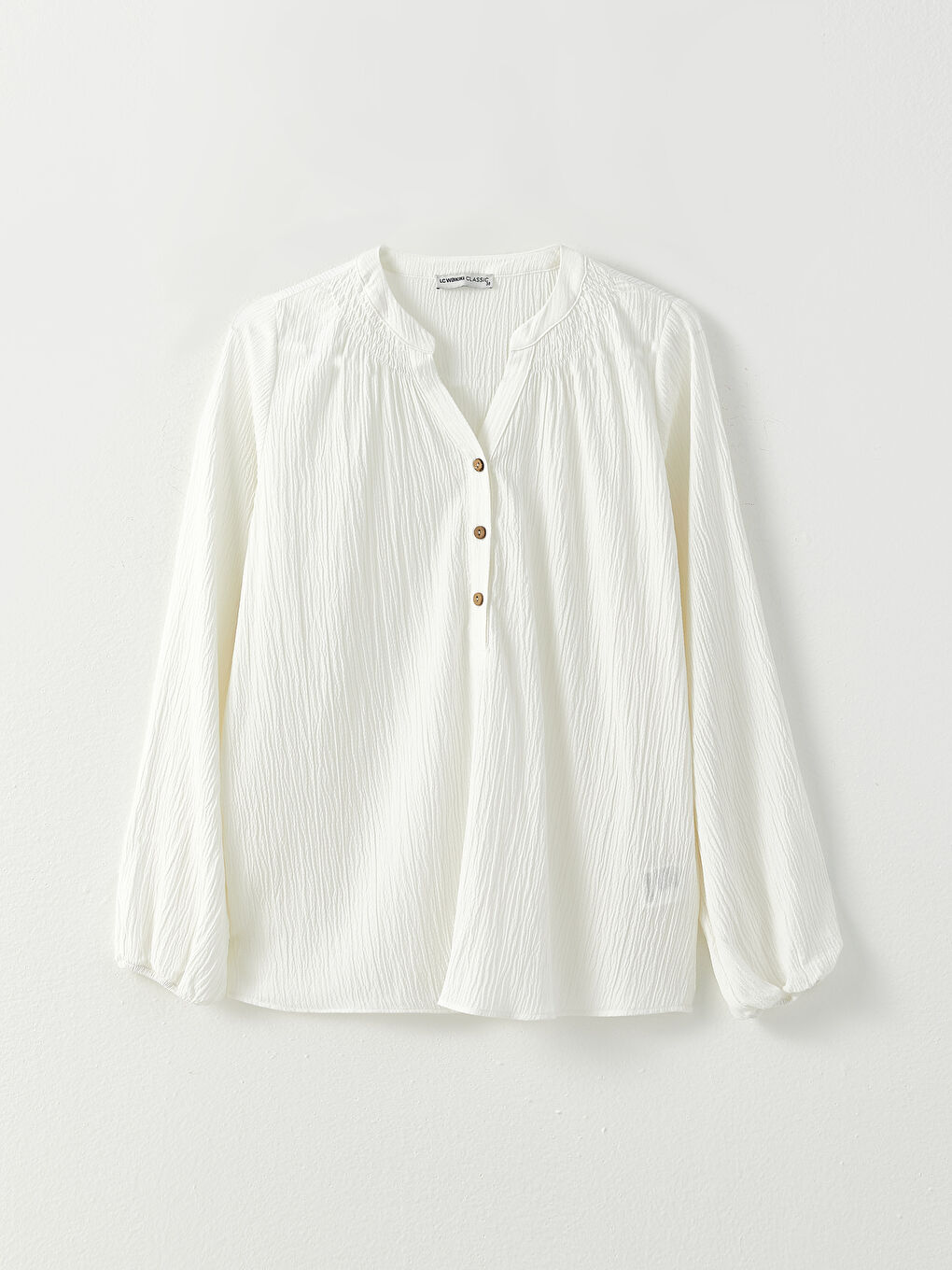 Ekru Kaçık Yaka Düz Uzun Kollu Kadın Bluz-6