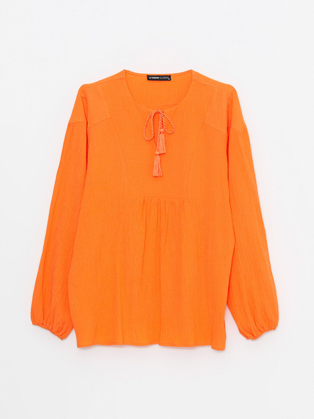 Turuncu Bağlamalı Yaka Düz Uzun Kollu Krep Kadın Bluz-5