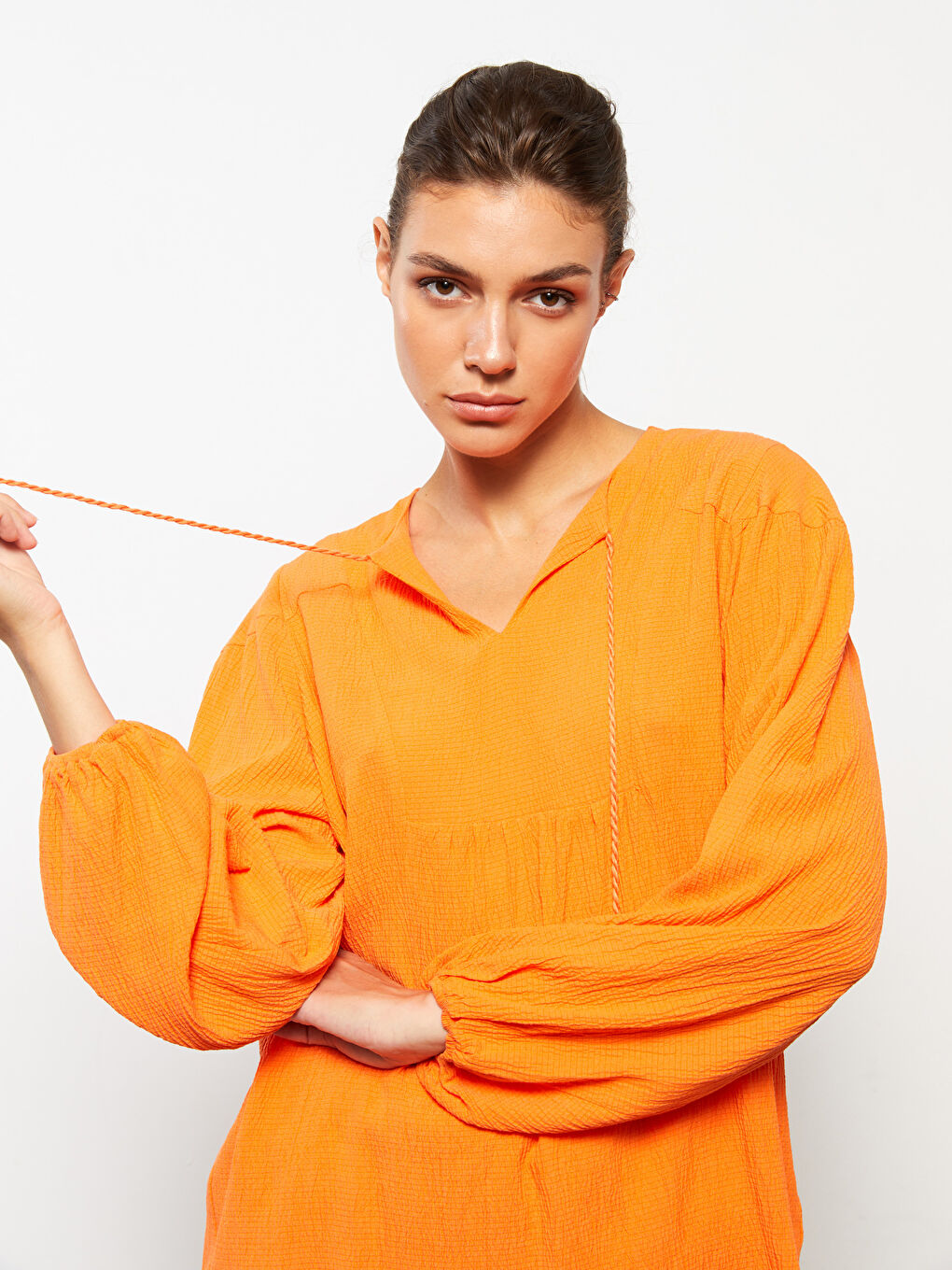 Turuncu Bağlamalı Yaka Düz Uzun Kollu Krep Kadın Bluz-2