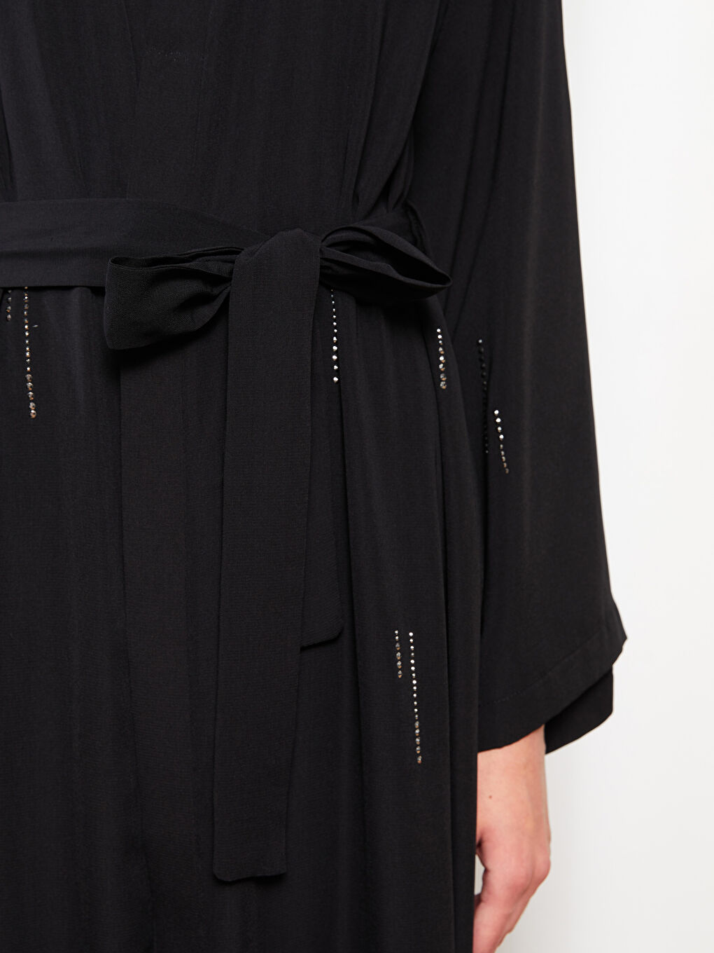 Siyah Şal Yaka Taşlı Uzun Kollu Kadın Kimono-3