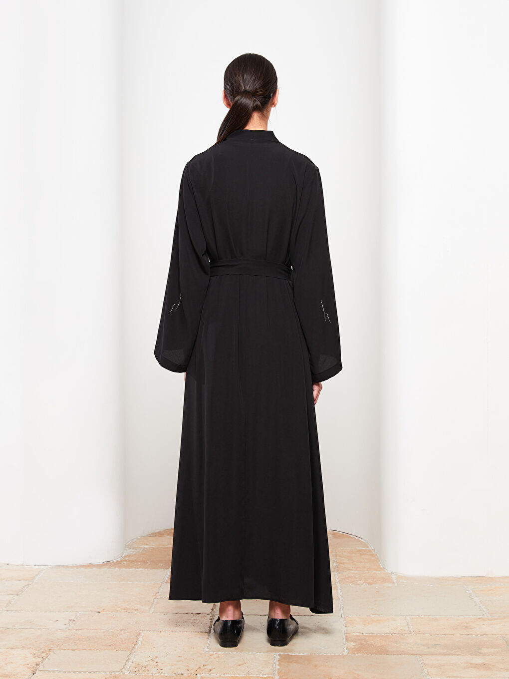 Siyah Şal Yaka Taşlı Uzun Kollu Kadın Kimono-4